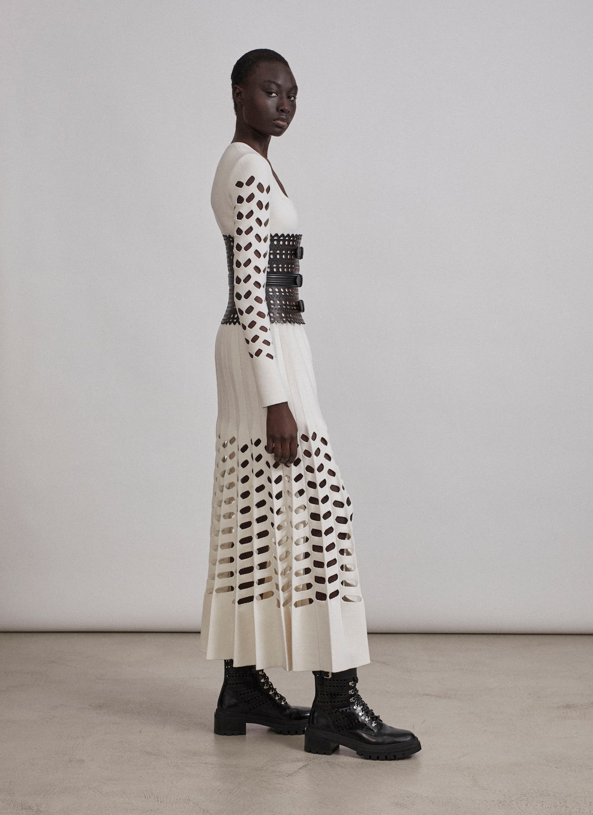 Long-sleeved openwork knit dress
 ALAÏA IVORY LONG-SLEEVED OPENWORK KNIT DRESS